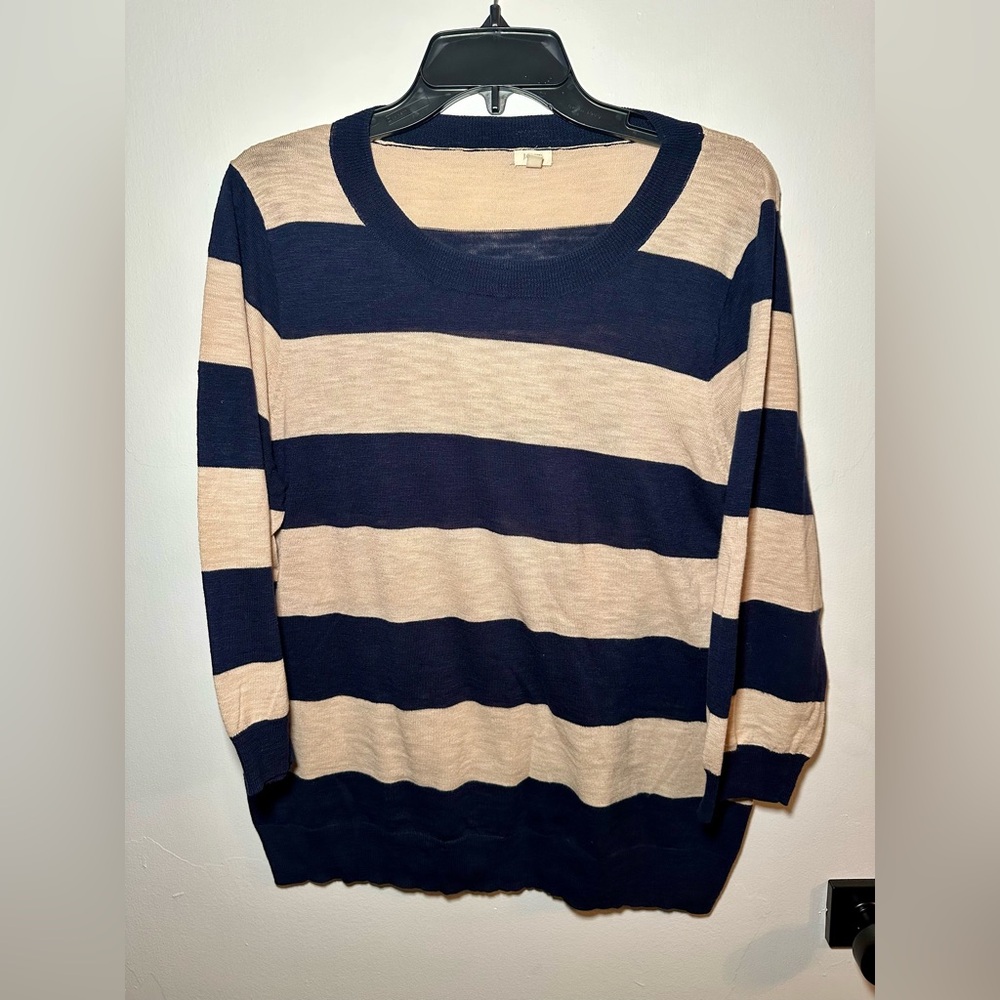J. Crew navy and tan stripe 3/4 sleeve sweater Size XL